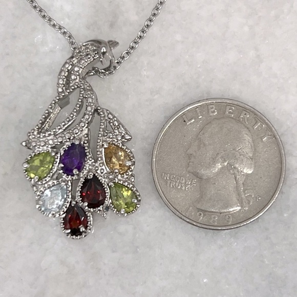 Multigemstone Silver Peacock Pendant 20” Necklace - Picture 9 of 10